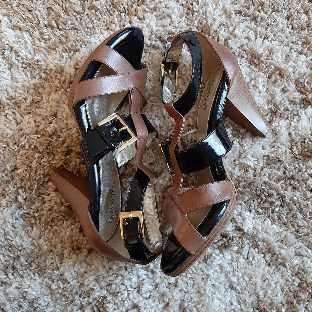 Eurosoft by Sofft Women's Black & Tan Heeled Leather Sandals Size 9M - Picture 2 of 9